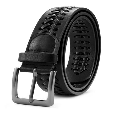 MILORDE Leather Braided Belts for Men, Handmade, Causal Woven Leather Jeans daily wear (Z Black, XL 42-46")