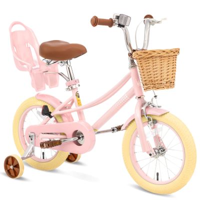 67i Girls Bike 12 14 16 20 Inch with Basket & Training Wheels, Bicicleta para Nias with Adjustable Seat, Steel Frame, Doll Seat, Coaster Brake (Pink, 12 inch)