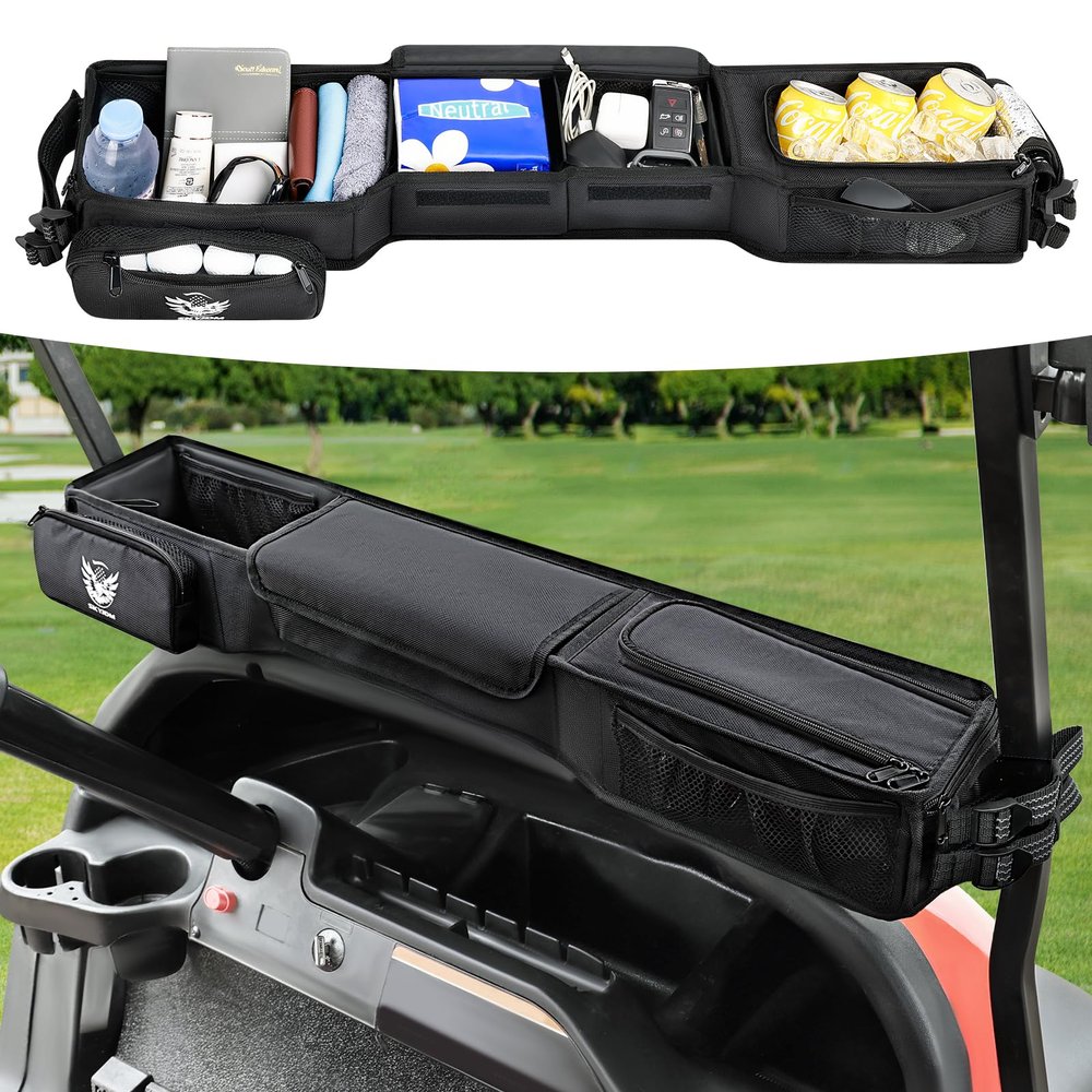 SKYJDM Foldable Golf Cart Inner Front Storage Basket, 1680D Oxford-Fabric Universal No-Drilling Golf Cart Dash Organizer Compatible with EZGO Club Car Drive Kandi Yamaha