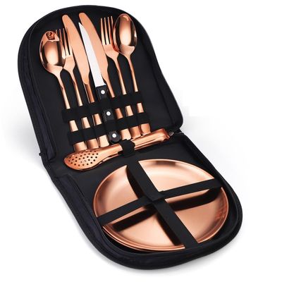 SEELLODGE Silverware Flatware Cutlery Set, Outdoor Camping Stainless Steel Table Knife, Fork, Spoon, Plate, Food Clip, Portable Tableware Bag Set(Color:Rose Gold,Size:1Set)