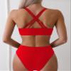 Bikini Set Women 2 Piece Swimsuits Cheeky High Waisted Cut Leg Criss Cross Back Double Straps Sexy Bathing Suits Deep V Teen Girls Red L view 2