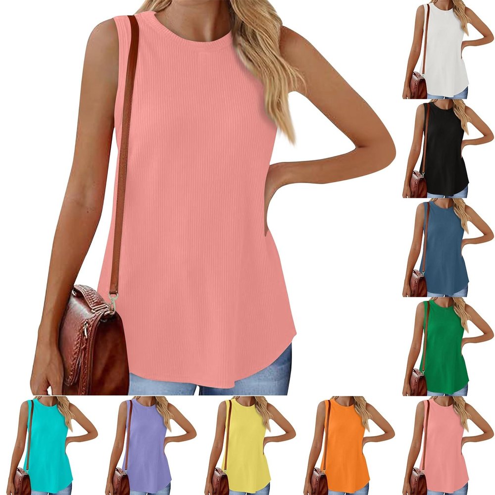 slqdgmryz Ribbed Tank Tops for Women 2025 Crewneck Knit Summer Sleeveless Shirts Plain Curved Hem Loose Athletic Cute Long Tunic Tops Womens Tank Top Workout Tanks for Women, Turquoise, Xx-Large