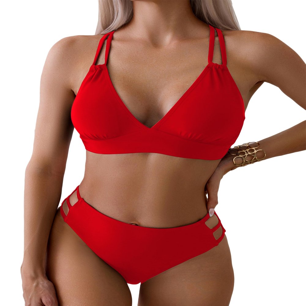 Bikini Set Women 2 Piece Swimsuits Cheeky High Waisted Cut Leg Criss Cross Back Double Straps Sexy Bathing Suits Deep V Teen Girls Red XL