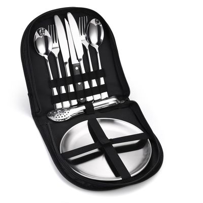 SEELLODGE Silverware Flatware Cutlery Set, Outdoor Camping Stainless Steel Table Knife, Fork, Spoon, Plate, Food Clip, Portable Tableware Bag Set(Color:Silver,Size:10Set)