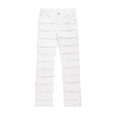 SWJGLITTR Men's Stacked Frayed Straight Jeans Hip Hop Ripped Regular Fit Jean Ripped Raw Hem Streetwear Denim Trouser (White,Large)
