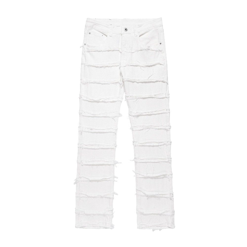 SWJGLITTR Men's Stacked Frayed Straight Jeans Hip Hop Ripped Regular Fit Jean Ripped Raw Hem Streetwear Denim Trouser (White,Large)