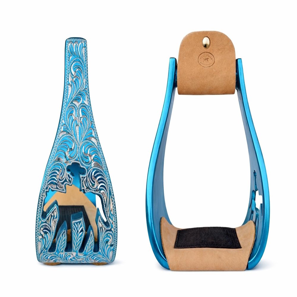 CHALLENGER Horse Western Saddle Turquoise Aluminium Bell Engraved Cut-Out Stirrups 51146TR