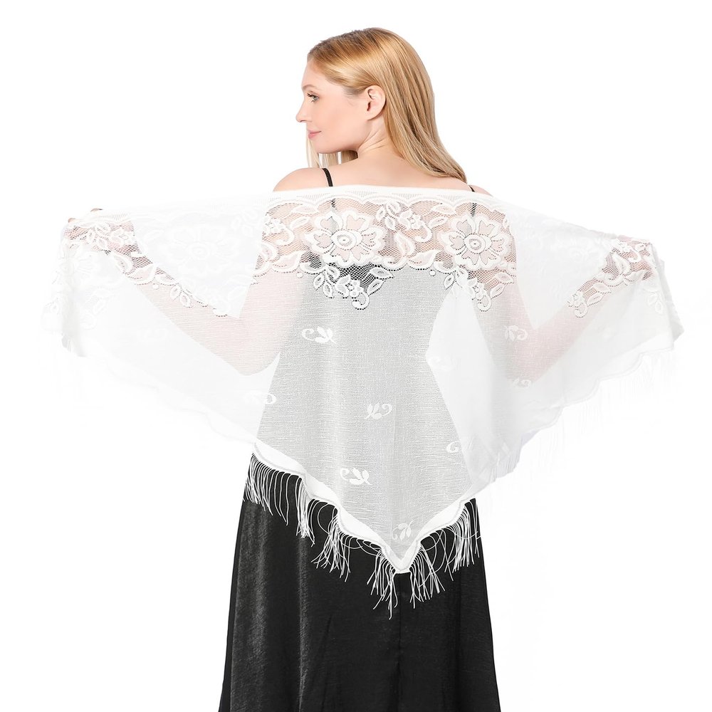 Sanmoury Women's Triangle Lace Shawls Wraps For Bride Wedding Floral Lightweight Fringe Scarf For Evening Party Dress (White)
