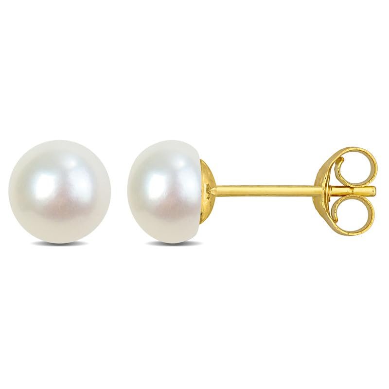 Abbie+Cleo Cultured freshwater white pearl stud earrings - Pendientes de Perlas - womens pearl earrings - 925 sterling silver earrings studs - butterfly clasp (Yellow - Button - 6mm)