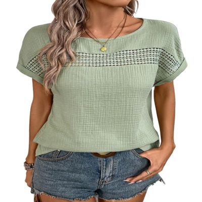 Women's 2024 Summer Casual Short Sleeve Blouse Lace Solid Color Casual Shirt(Size:Medium) Green