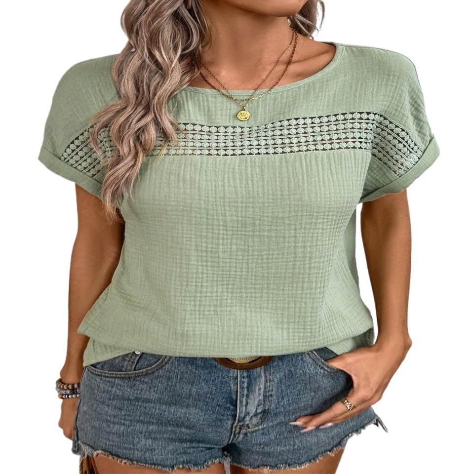 Women's 2024 Summer Casual Short Sleeve Blouse Lace Solid Color Casual Shirt(Size:Medium) Green