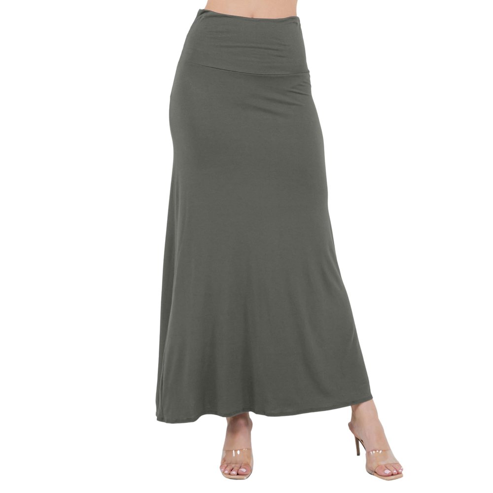 Azules Maxi Skirt for Women, Soft Stretchy Rayon Fold Over High Waist Flowy Trendy Dressy Boho Long Skirts for Women, Perfect for Any Day and Occasions (Petite & Plus Size) - Olive, 1X