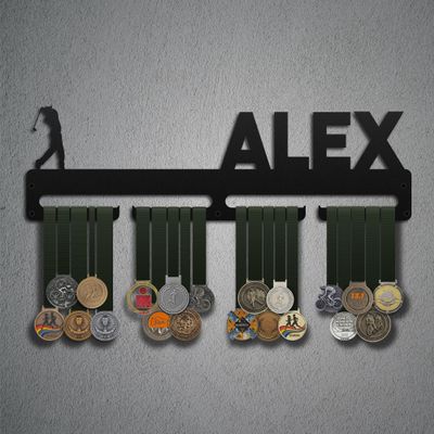 Bafidica Personalized Golf Metal Medal Hanger Rack Custom Golfer Metal Medal Holder Customizable Medal Display Rack Sport Medal Frame for Wall (Black, 11.81 Inch - 2 Hanger)