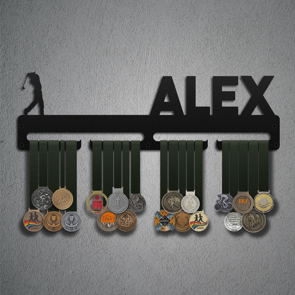 Bafidica Personalized Golf Metal Medal Hanger Rack Custom Golfer Metal Medal Holder Customizable Medal Display Rack Sport Medal Frame for Wall (Black, 11.81 Inch - 2 Hanger)