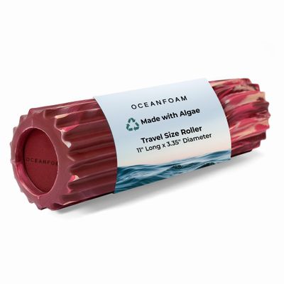 Oceanfoam Ripple Travel Foam Roller (11" x 3.35") Firm Mini Foam Roller for Physical Therapy, Deep Tissue Massage, Back Pain - High Density, Wave Textured - Yoga (Maroon, Blush & Hot Pink Marbled)