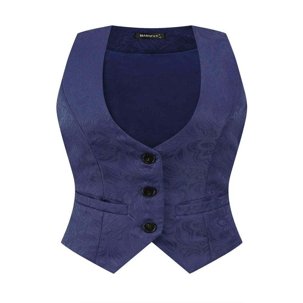 Allegra K Vintage Vest for Women's Button Up Jacquard Steampunk Suit Waistcoat with Pockets XX-Large Dark Blue
