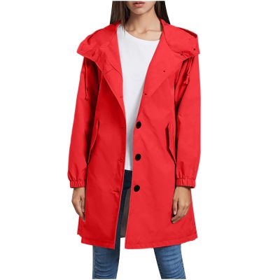 NineFit Basics Waterproof Jackets for Women Lightweight Rain Jacket Lightweight Hooded Long Raincoat Outdoor Travel Windbreaker, 3X-Large, 01 Red