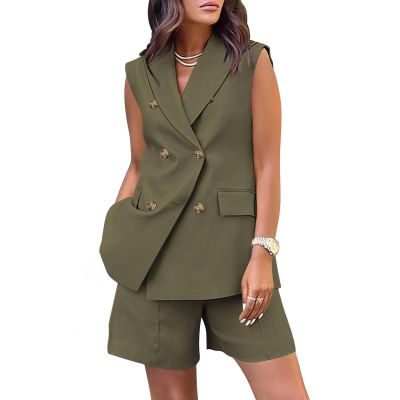 Binmer Women's Casual Sleeveless Blazer Vest Shorts Sets Double Breasted V Neck Office 2 Piece Lounge Matching Outfits Sets Army Green
