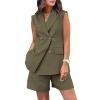 Binmer Women's Casual Sleeveless Blazer Vest Shorts Sets Double Breasted V Neck Office 2 Piece Lounge Matching Outfits Sets Army Green