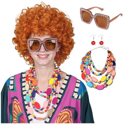 FantaLook Curly Orange Red Cosplay Wig with Necklace Earrings and Sunglasses for Women Halloween Costume