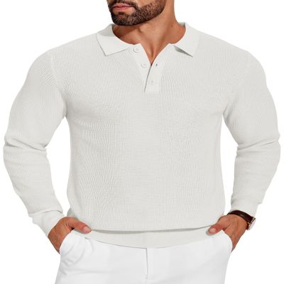 COOFANDY Mens Knit Polo Shirts Long Sleeve Sweater Casual Polo Shirts Lightweight Collared T Shirts, White, X-Large