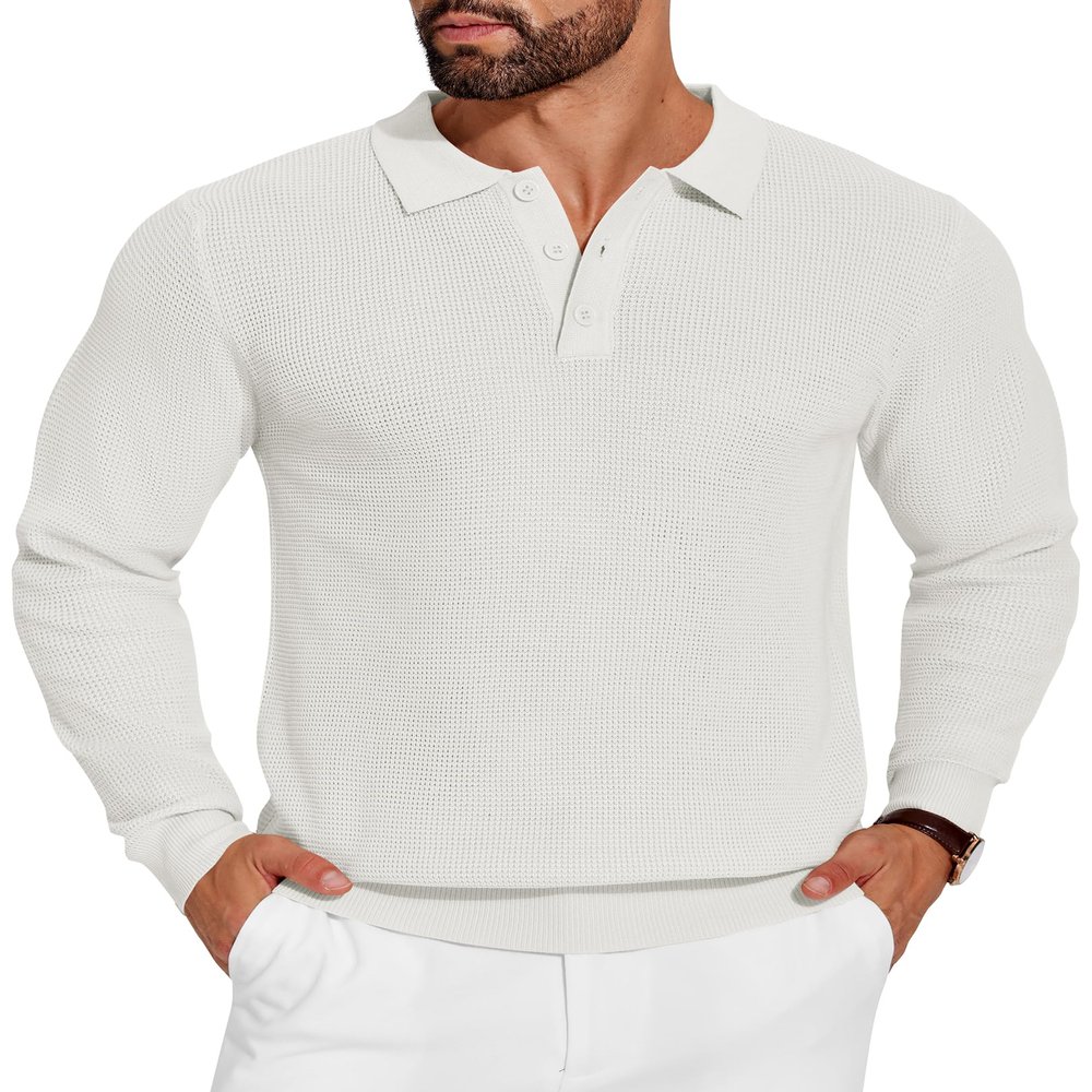 COOFANDY Mens Knit Polo Shirts Long Sleeve Sweater Casual Polo Shirts Lightweight Collared T Shirts, White, X-Large