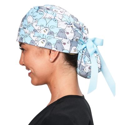Scrub Caps for Women & Men - Tie Back & Ponytail Hat - Washable & Breathable Material - Surgical Cap for Nurse, Doctor, Vet (US, Alpha, One Size, Ponytail, Seals)