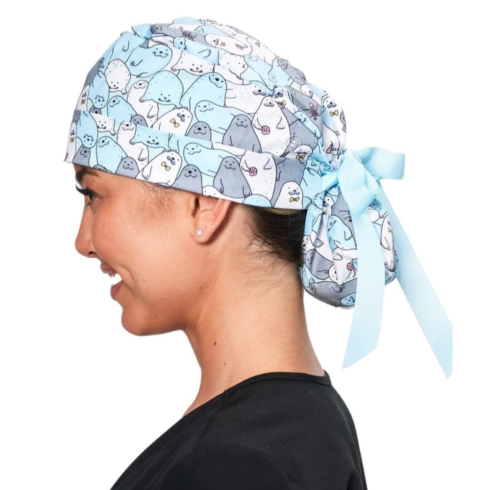 Scrub Caps for Women & Men - Tie Back & Ponytail Hat - Washable & Breathable Material - Surgical Cap for Nurse, Doctor, Vet (US, Alpha, One Size, Ponytail, Seals)