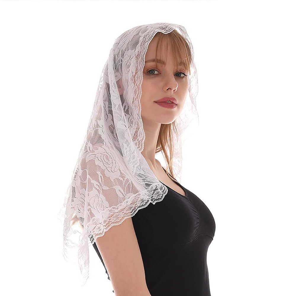 BEIYINAI Lace Shawl Mantilla Veil Lightweight Scarf Fashion Floral Shawls And Wraps For Women Latin Mass Veil For Bride Lace, White