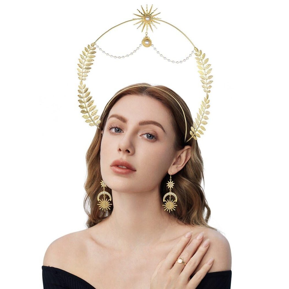 Golden Leaf Moon Star Halo Headpiece & Earrings For Boho Goddess, Bridal Wedding Costume Party Accessories For Women