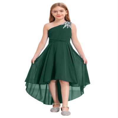 YONGHS Kids Girls One Shoulder Formal Dress Ruched Chiffon High Low Hem Wedding Party Flower Girl Dress Army Green 14 Years