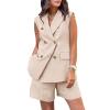Binmer Women's Casual Sleeveless Blazer Vest Shorts Sets Double Breasted V Neck Office 2 Piece Lounge Matching Outfits Sets Khaki view 1