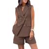 Binmer Women's Casual Sleeveless Blazer Vest Shorts Sets Double Breasted V Neck Office 2 Piece Lounge Matching Outfits Sets Coffee
