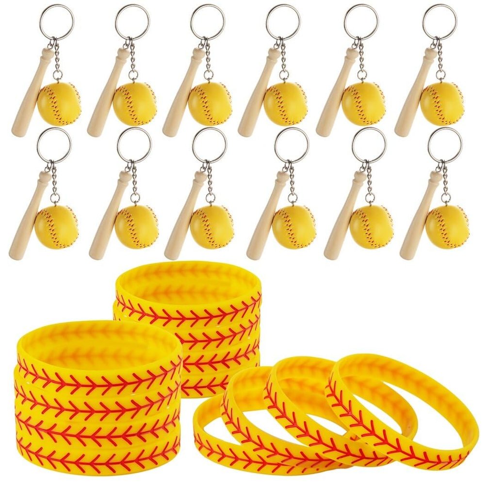 Mini Sports Key Rings & Bracelets Set - 12Pcs Baseball-Themed Wooden Bat Keychains With 12Pcs Silicone Bracelets