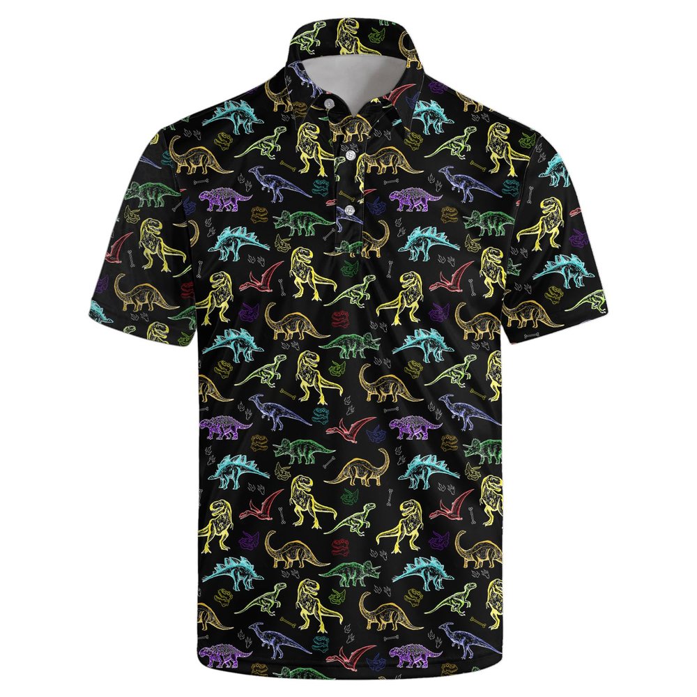 AYUNIX Golf Shirts for Men Neon Dinosaur Polos Shirts Casual Performance Moisture Wicking Short Sleeve Golf Polo Shirts