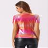 Allegra K Halloween Party Tops for Women's V Neck Short Sleeve Glitter Shiny Metallic Top Large Pink view 3