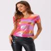 Allegra K Halloween Party Tops for Women's V Neck Short Sleeve Glitter Shiny Metallic Top Large Pink view 4