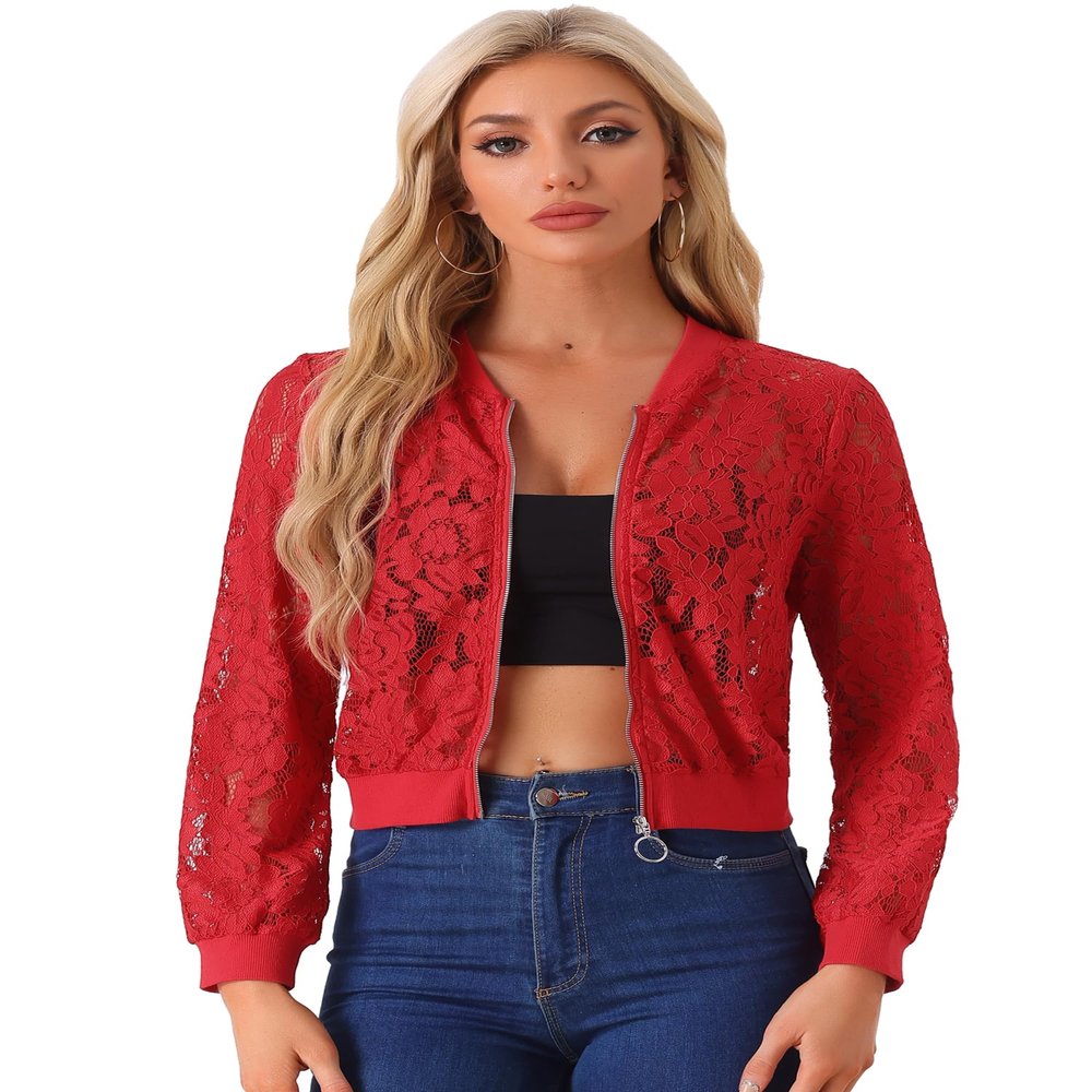Allegra K Lace Jackets for Women's Stand Collar Zip Up Lightweight Gothic Sheer Baseball Jacket Medium Red