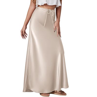 Long Silk Skirt Women's Spring Summer Satin Silk High Waist Drawstring Ruffle A Line Long Maxi Skirt Tulip Satin Skirt for Beach Attire Evening Party Prom Gown Reception Holiday Swing Skirt Beige L