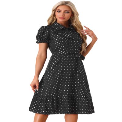 Allegra K Vintage Dresses for Women's Peter Pan Collar Puff Sleeve Heart Print Ruffled Dress Small Black