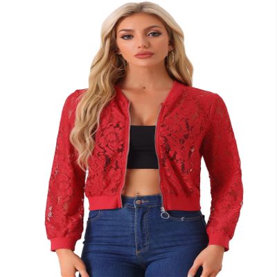 Allegra K Lace Jackets for Women's Stand Collar Zip Up Lightweight Gothic Sheer Baseball Jacket Small Red