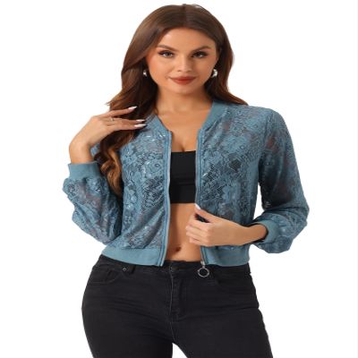 Allegra K Lace Jackets for Women's Stand Collar Zip Up Lightweight Gothic Sheer Baseball Jacket X-Large Blue Grey