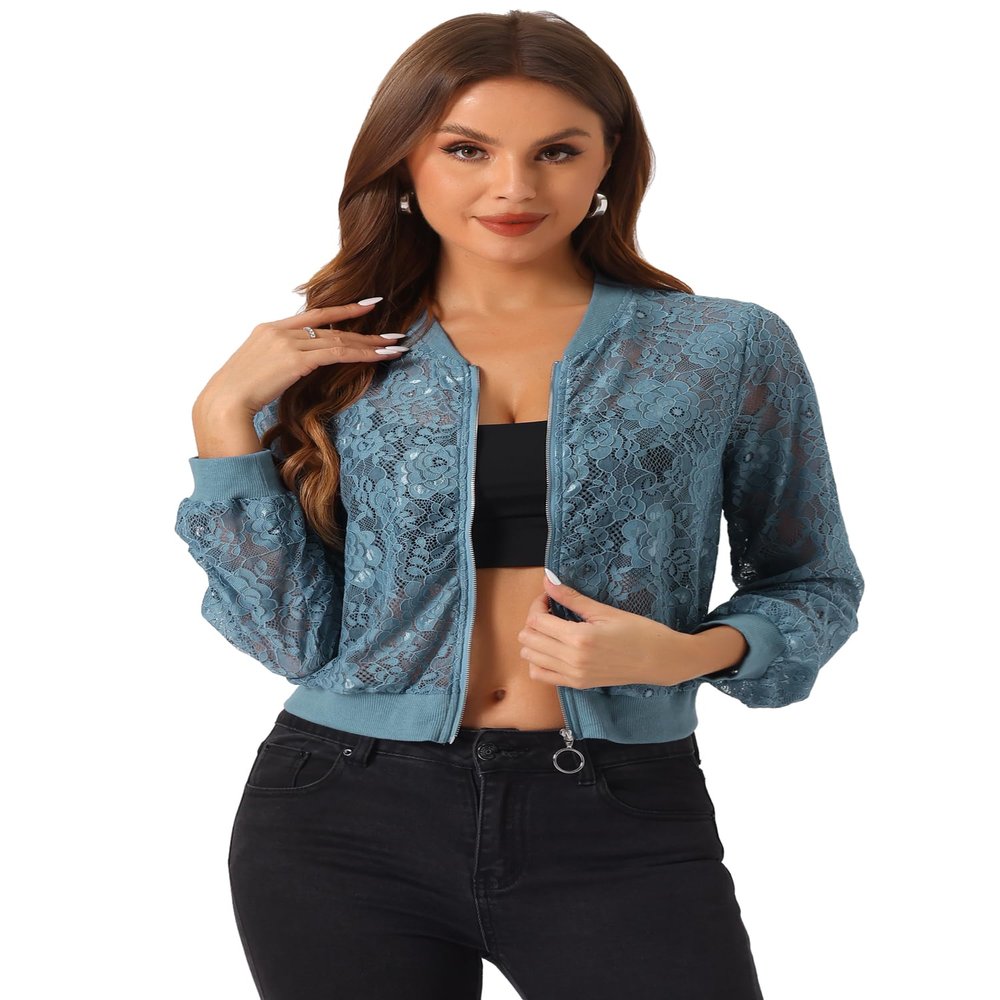 Allegra K Lace Jackets for Women's Stand Collar Zip Up Lightweight Gothic Sheer Baseball Jacket X-Large Blue Grey