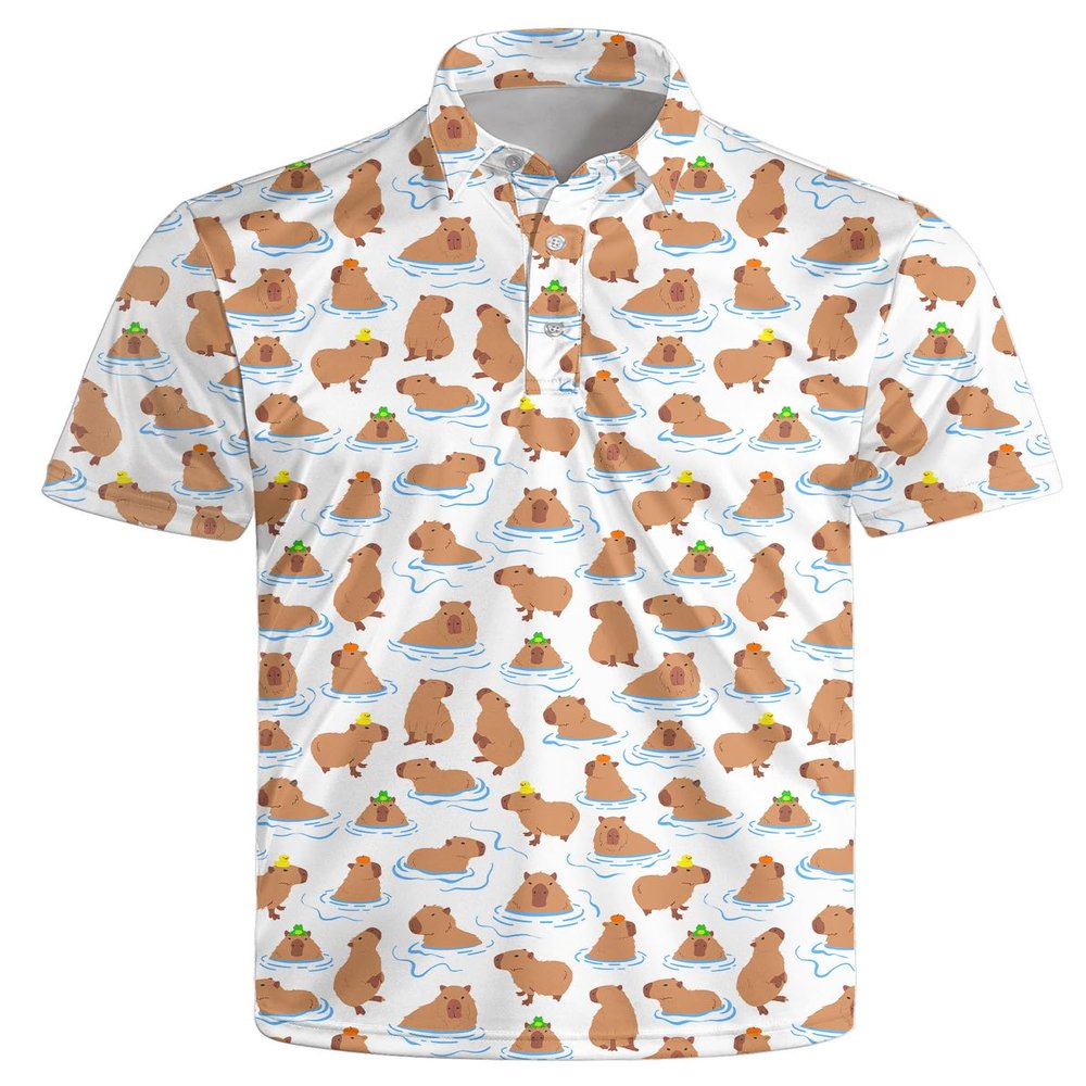 AYUNIX Golf Shirts for Men Capybara Print Polo Shirts Performance Golf Polo Shirts Short Sleeve Quick Dry Golf Outfits