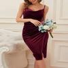 ebossy Women's Spaghetti Strap Velvet Slip Dress Cowl Neck Ruched Bodycon Wrap Split Cocktail Party Dress (Large, Wine Red) view 2