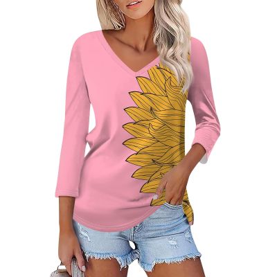 slqdgmryz 3/4 Length Sleeve Womens Tops Casual V Neck T Shirts Three Quarter Tunic Tops for Women Loose Fit Dressy Blouses Tshirts Shirts for Women Summer Tops for Women 2024, Hot Pink, Medium