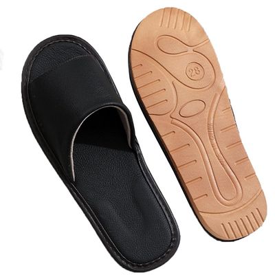 GHYUBYER Mens Leather Slippers Open Toe Summer SandalsWomen PU Slippers Non Slip Home Bedroom Shoes House Comfy Indoor Outdoor Slippers(Color:Black,Size:41/42 EU)