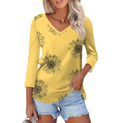 3/4 Length Sleeve Womens Tops Casual V Neck T Shirts Three Quarter Tunic Tops for Women Loose Fit Dressy Blouses Tshirts Shirts for Women Summer Tops for Women 2024, Fluorescence Yellow, Xx-Large