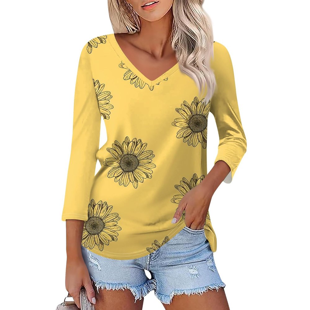 3/4 Length Sleeve Womens Tops Casual V Neck T Shirts Three Quarter Tunic Tops for Women Loose Fit Dressy Blouses Tshirts Shirts for Women Summer Tops for Women 2024, Fluorescence Yellow, Xx-Large