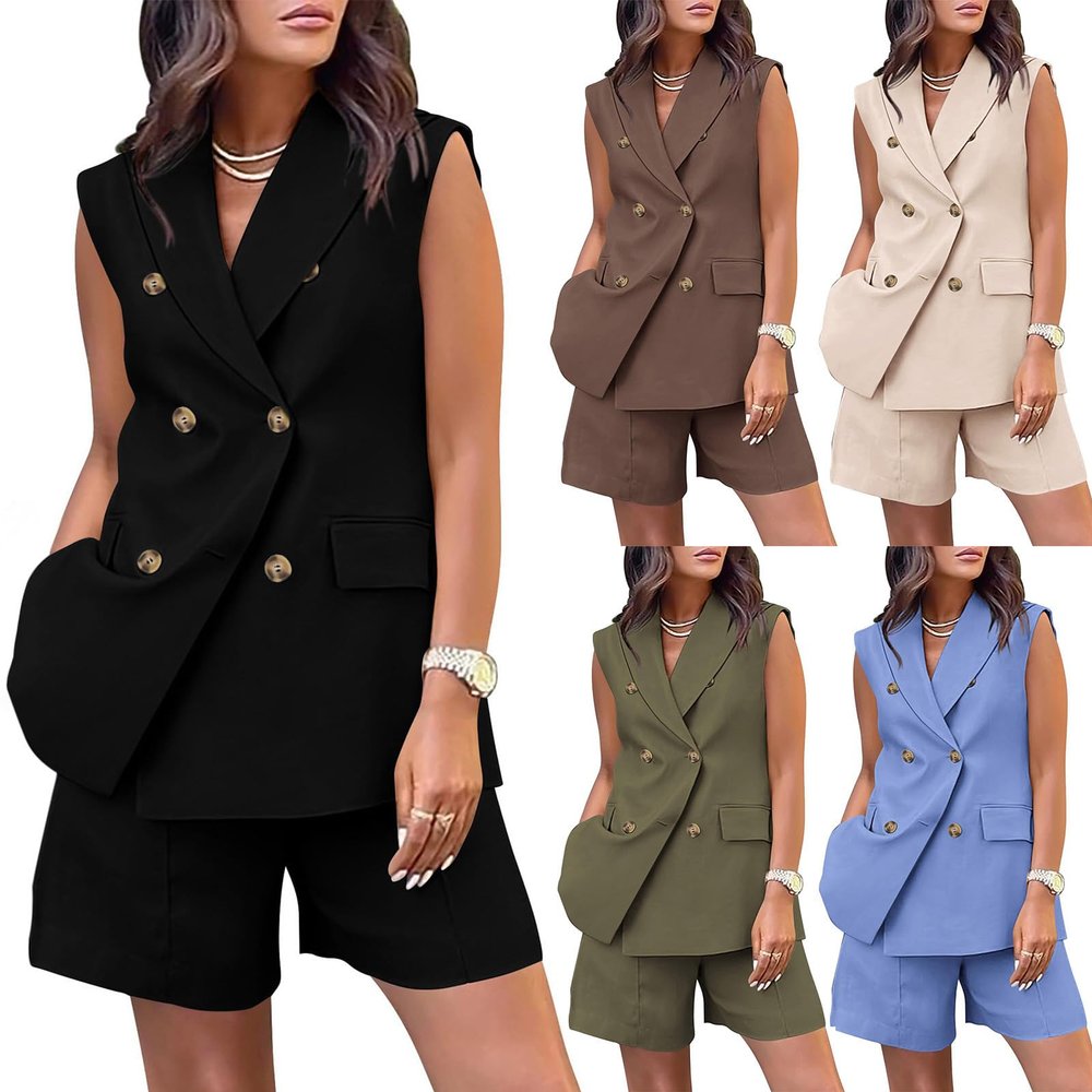 Binmer Women's Casual Sleeveless Blazer Vest Shorts Sets Double Breasted V Neck Office 2 Piece Lounge Matching Outfits Sets Black